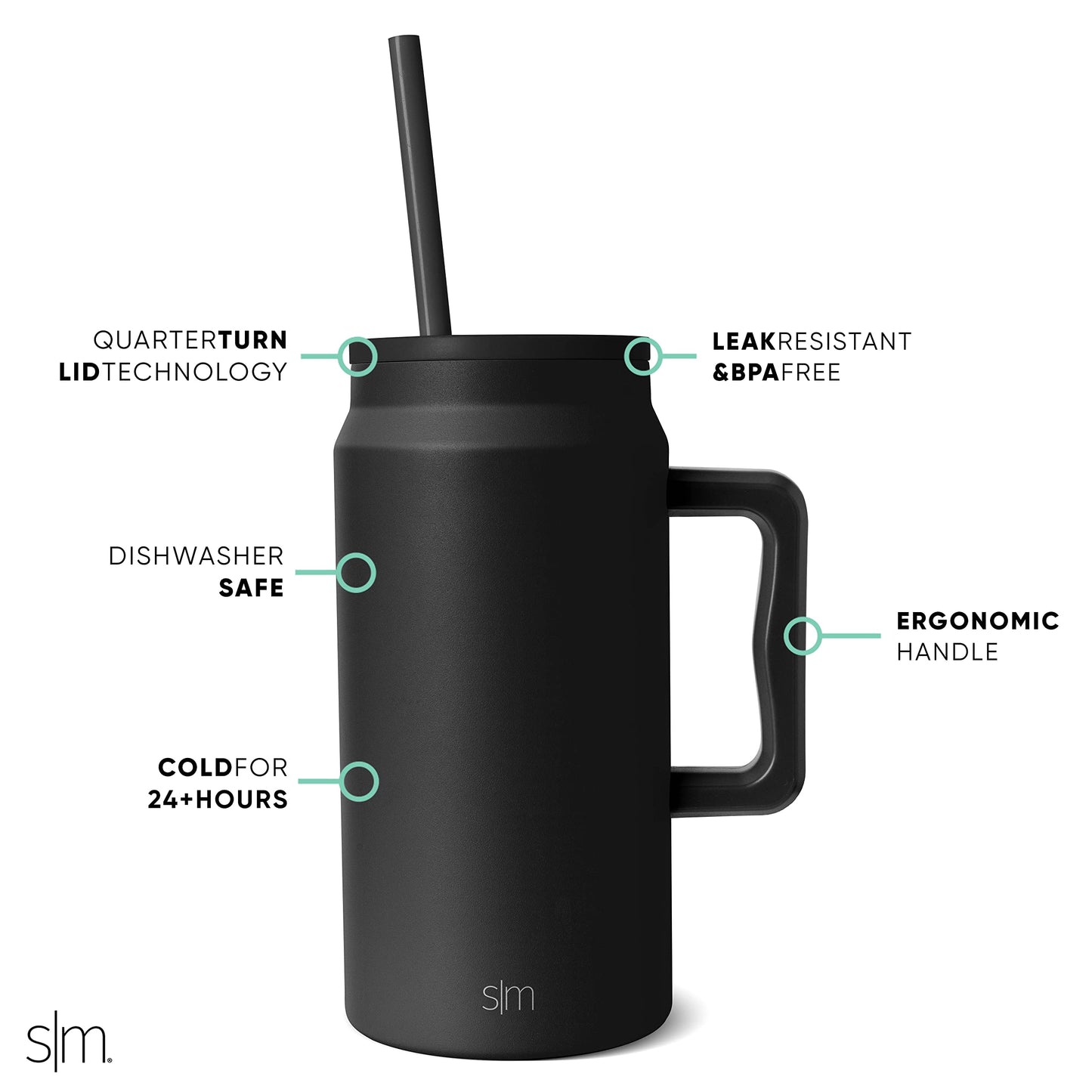 Simple Modern 50 oz Mug Tumbler with Handle and Straw Lid | Reusable Insulated Stainless Steel Large Water Bottle | Gifts for Women Men Him Her | Trek Collection | 50oz | Midnight Black