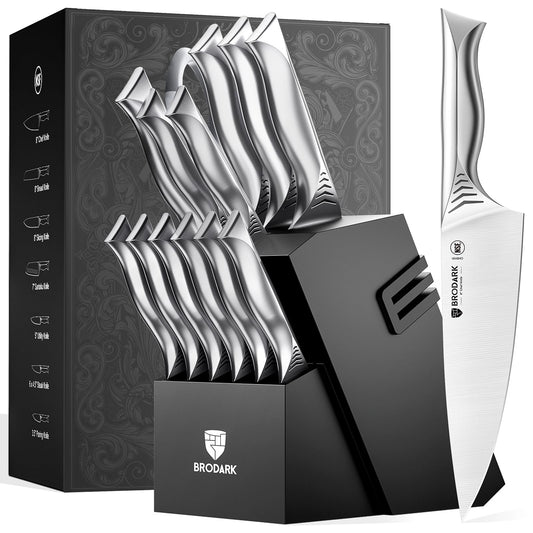 BRODARK Kitchen Knife Set with Block, 15-Piece Knife Block Set with Built-in Sharpener, Stainless Steel Knives Set for Kitchen, NSF Certified Kitchen Knives, Shark Series