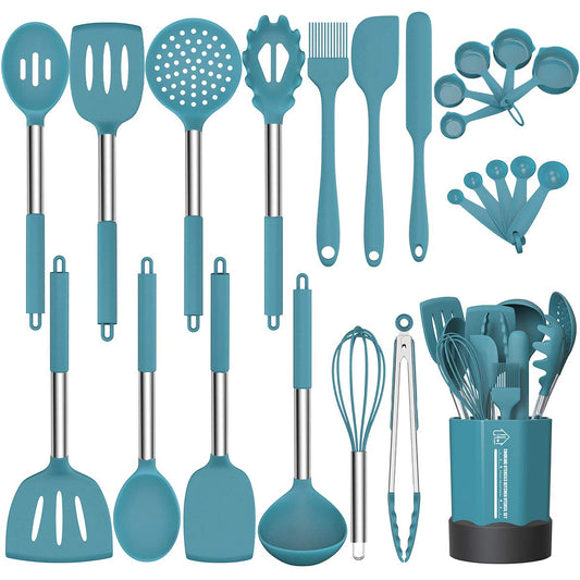 Silicone Cooking Set Non-stick Kitchen Knife Set Handle (Blue-24pcs）