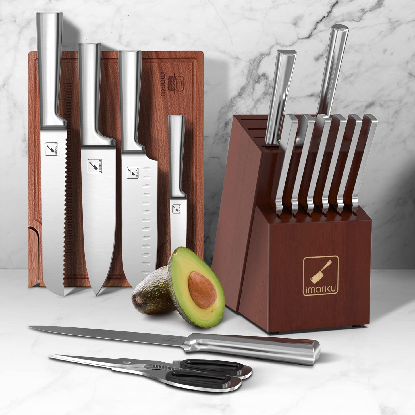 imarku Knife Set - Kitchen Knife Set 15 Pieces Japanese Stainless Steel Knife Block Set with Sharpener - Dishwasher Safe Kitchen Knives - Ultra Sharp Chef Knife Set for Kitchen, Silver