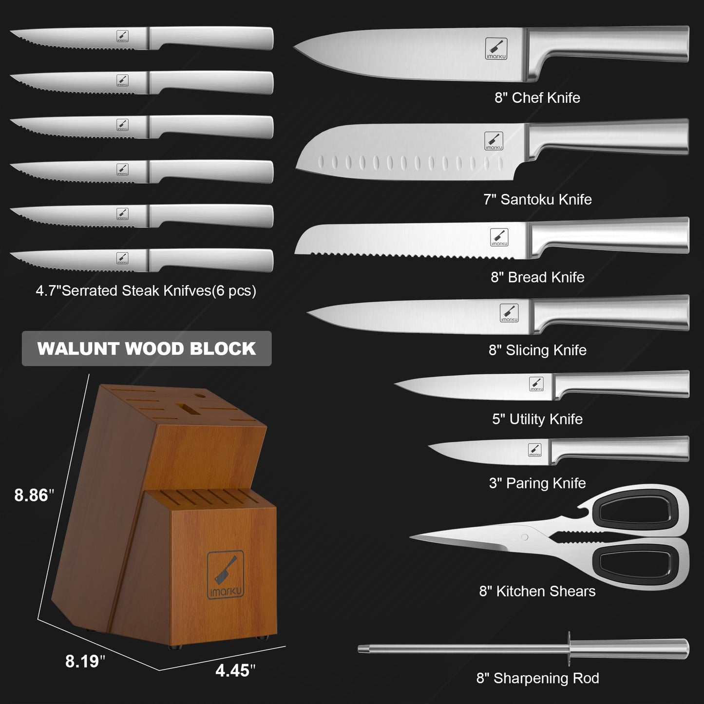 imarku Knife Set - Kitchen Knife Set 15 Pieces Japanese Stainless Steel Knife Block Set with Sharpener - Dishwasher Safe Kitchen Knives - Ultra Sharp Chef Knife Set for Kitchen, Silver