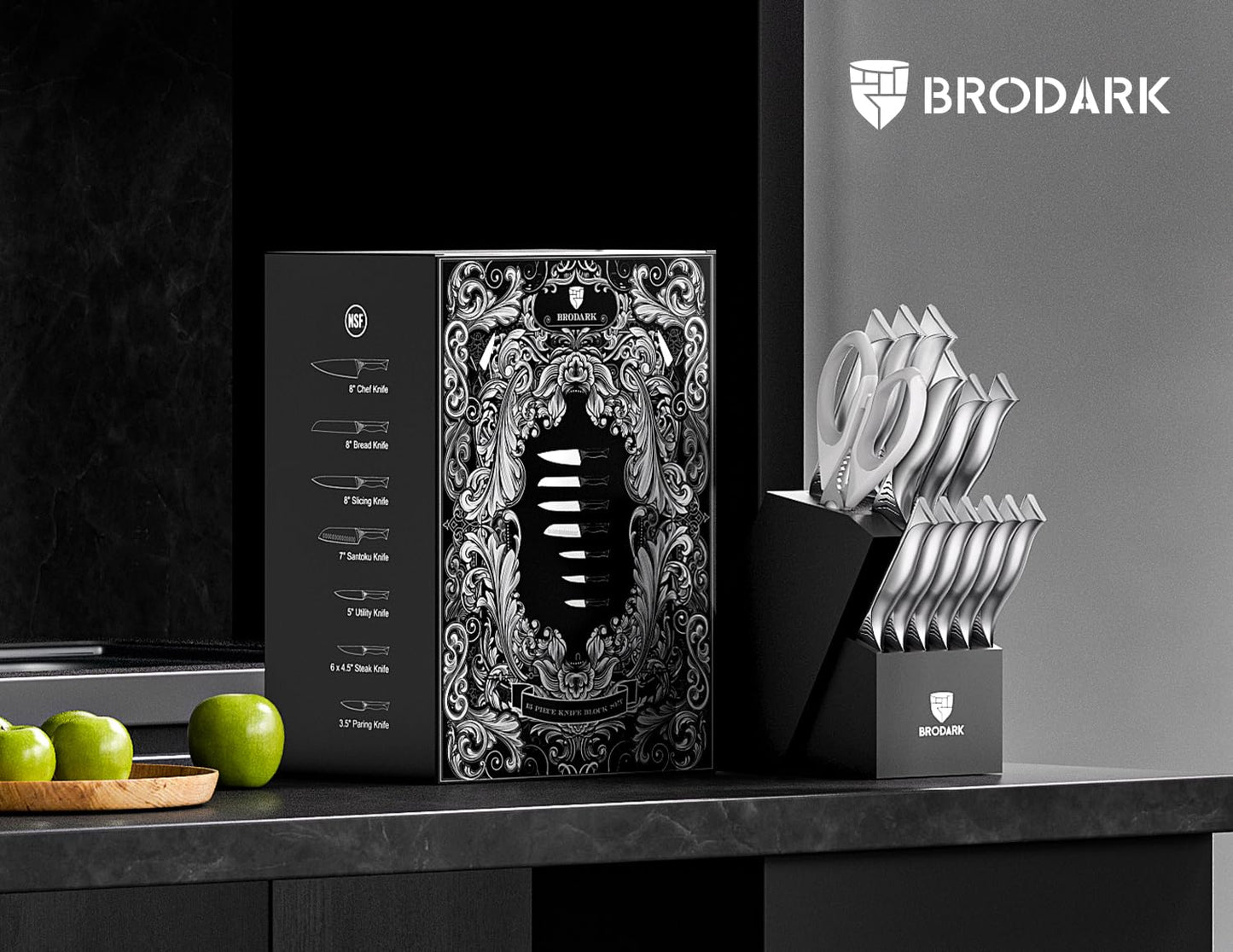 BRODARK Kitchen Knife Set with Block, 15-Piece Knife Block Set with Built-in Sharpener, Stainless Steel Knives Set for Kitchen, NSF Certified Kitchen Knives, Shark Series