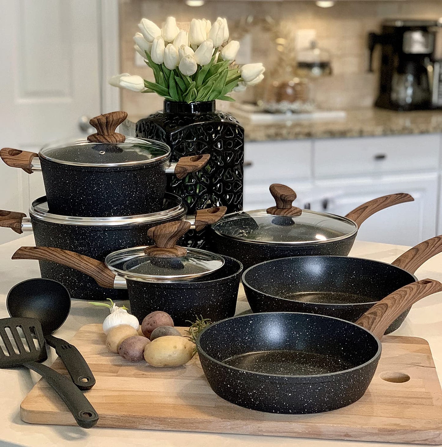Induction Cookware Sets - 12 Piece Cooking Pan Set Granite Black Nonstick Pots and Pans Set