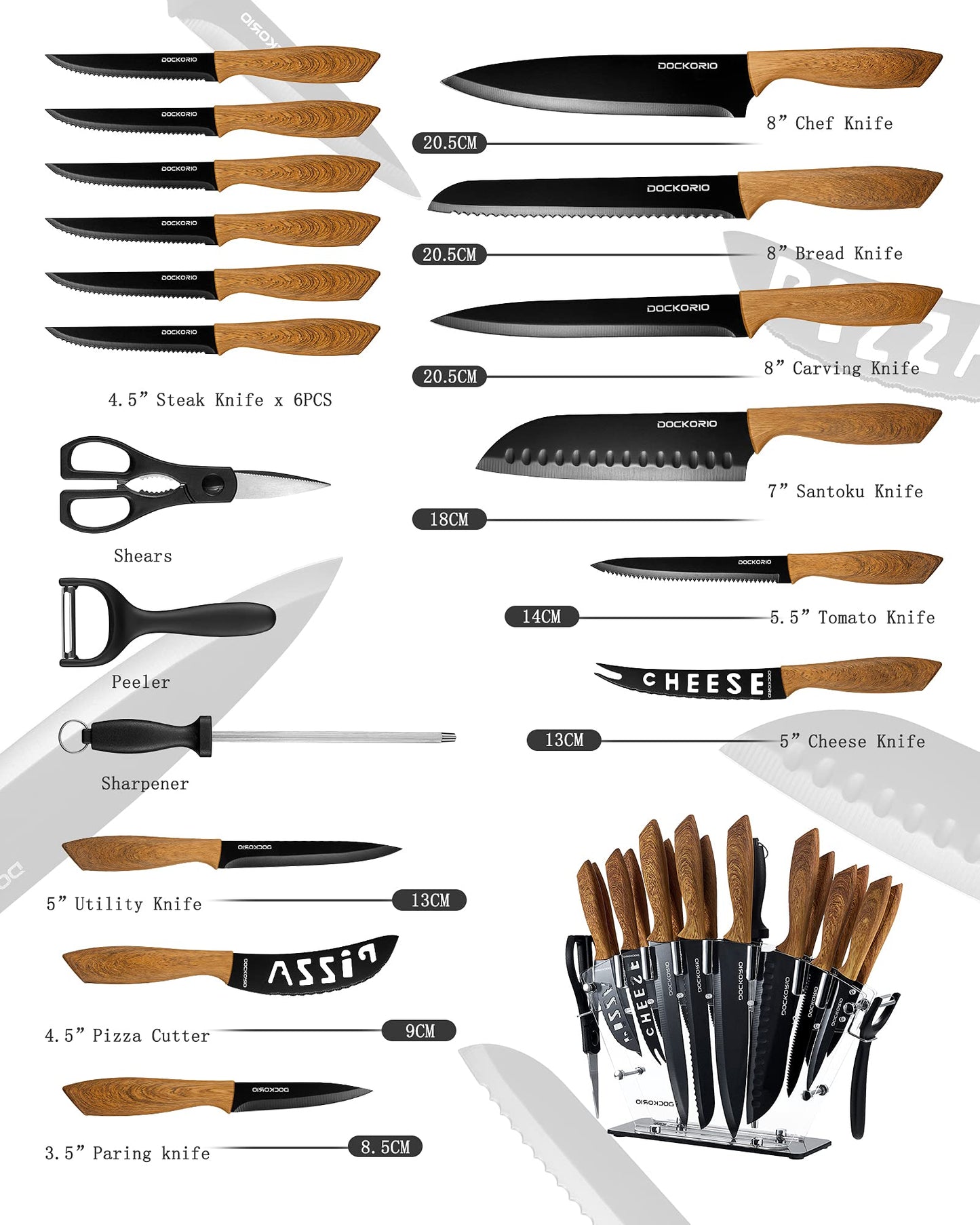 All in one 19 PCS High Carbon Stainless Steel Sharp Serrated Steak Knives Set
