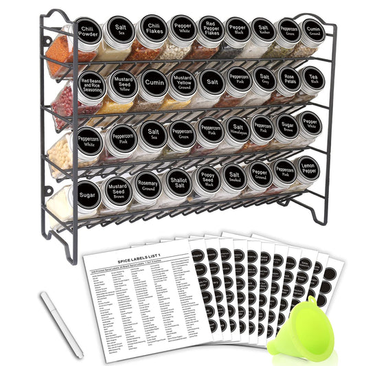 Spice Rack Organizer with 36 Empty Square Spice Jars, 396 Spice Labels with Chalk Marker and Funnel Complete Set, for Countertop, Cabinet or Wall Mount, Black