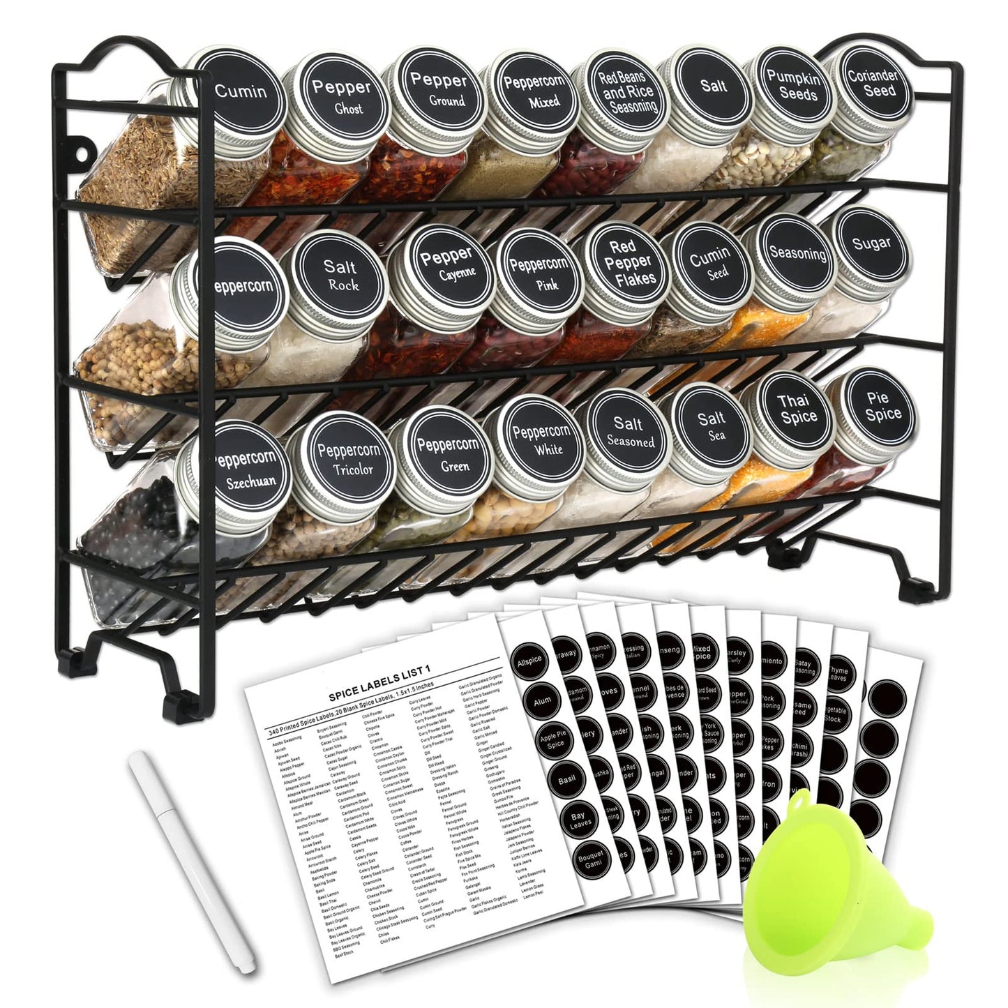 Spice Rack Organizer with 24 Empty Glass Spice Jars, 396 Spice Labels with Chalk Marker and Funnel Complete Set, for Countertop, Cabinet or Wall Mount, Black