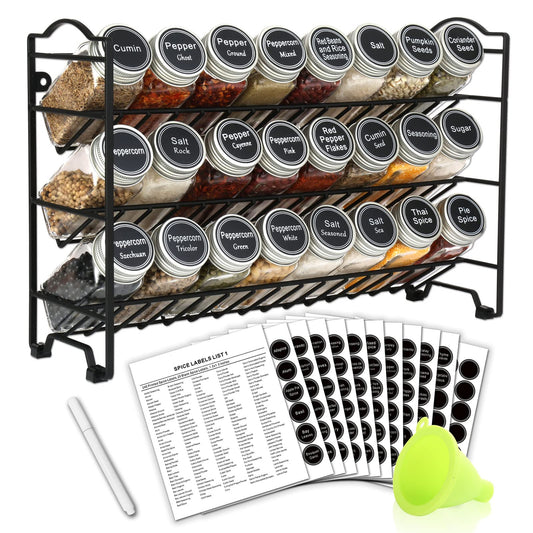 Spice Rack Organizer with 24 Empty Glass Spice Jars, 396 Spice Labels with Chalk Marker and Funnel Complete Set, for Countertop, Cabinet or Wall Mount, Black