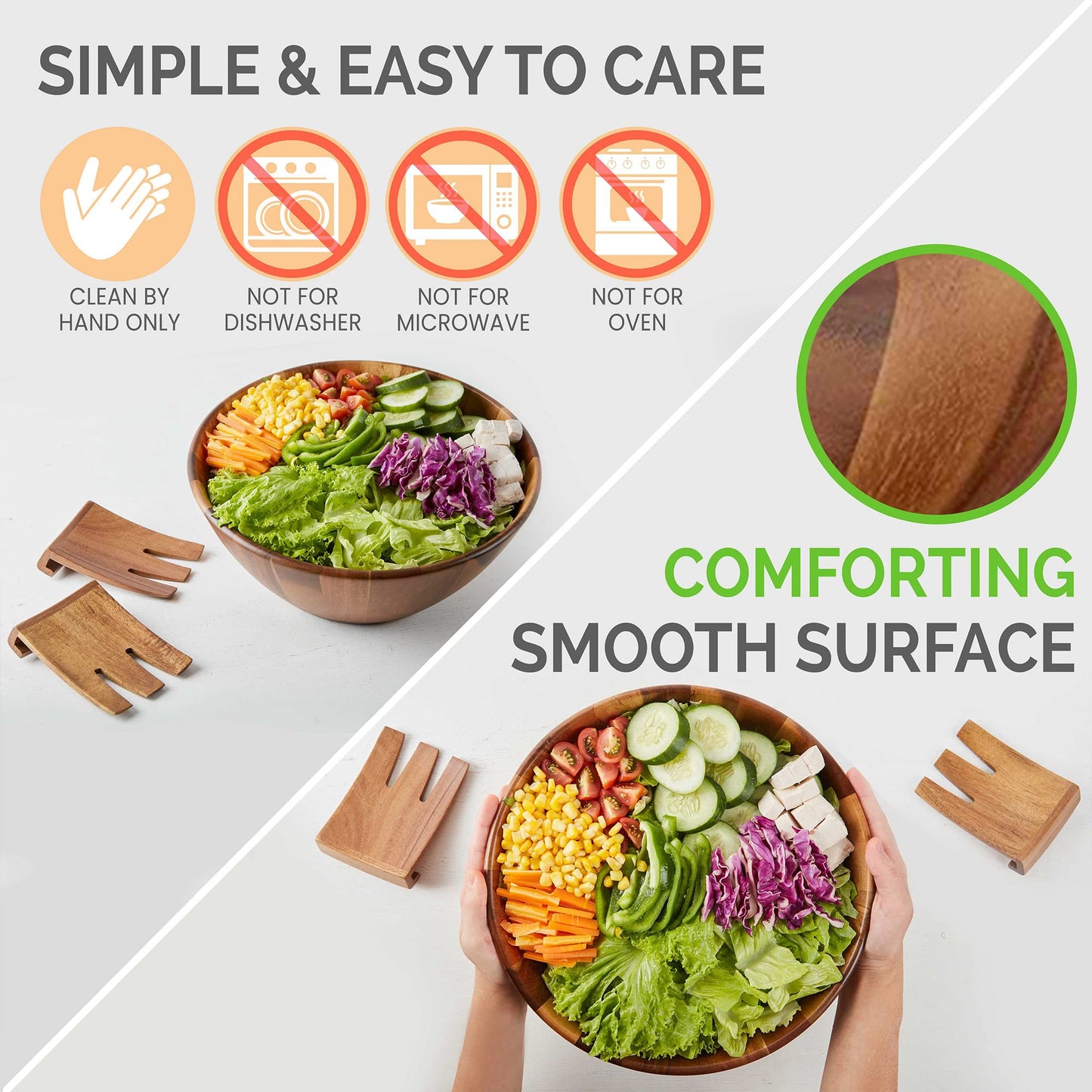 FRESHY CHEF Wooden Salad Bowl - 3 Piece Set - Large Acacia Wood Salad Bowl with Serving Hands - Handmade with Natural Wood - Also Works as Fruit Holder and Decorative Table Accent