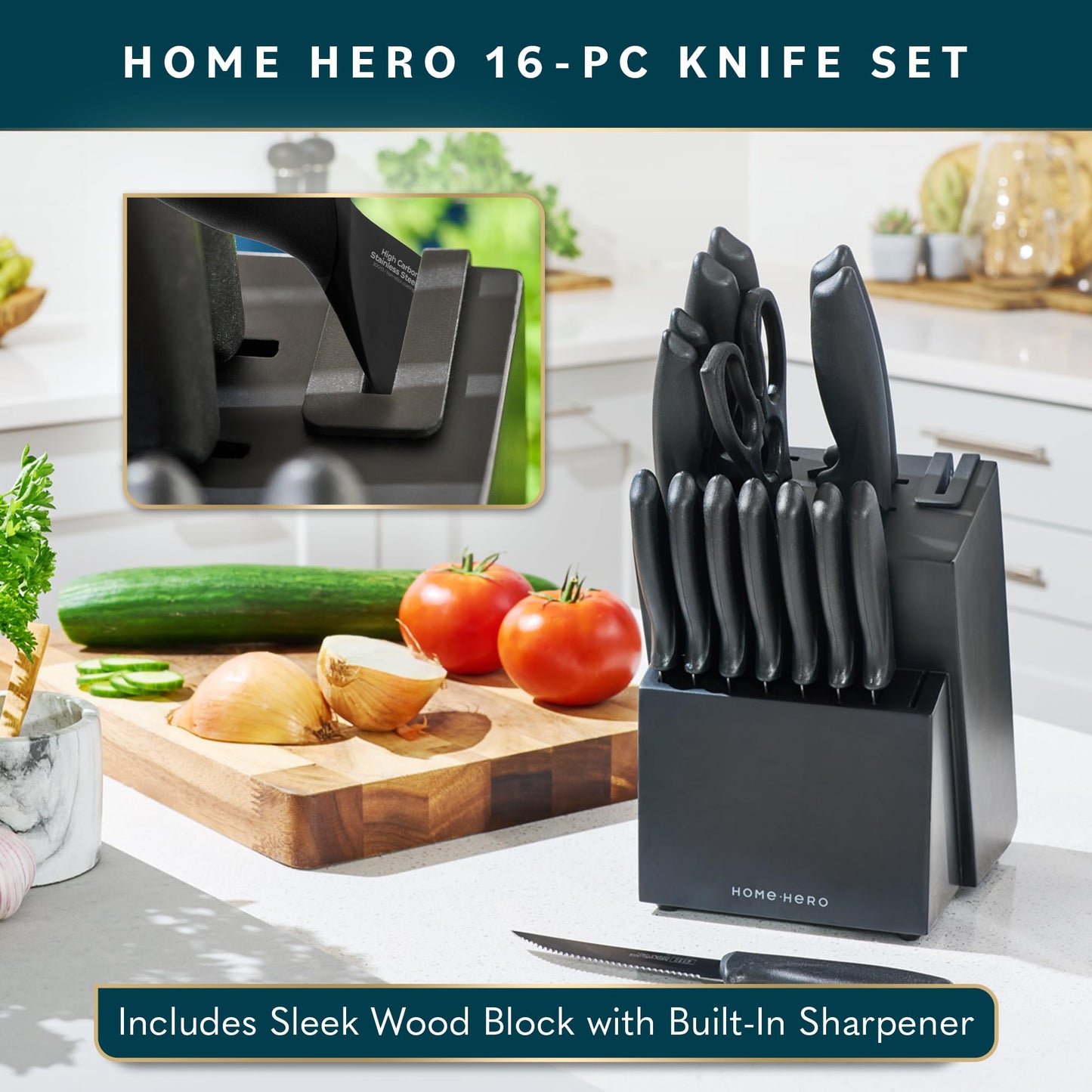 High Carbon Stainless Steel Knife Block Set 16 Pcs - Black
