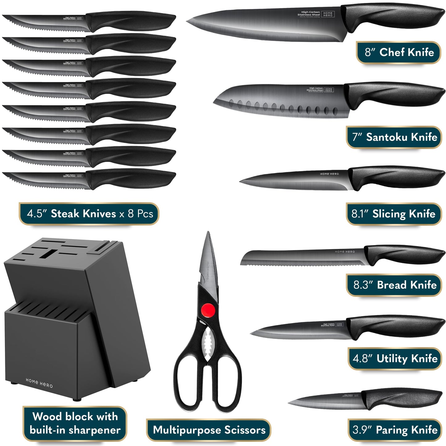 High Carbon Stainless Steel Knife Block Set 16 Pcs - Black