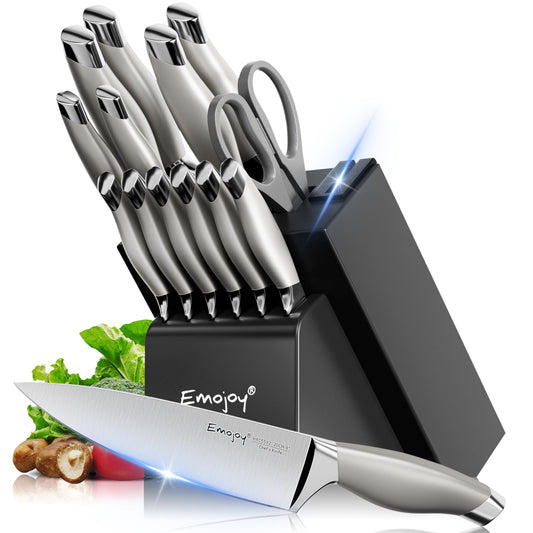 Emojoy Knife Set with Block, 15 Pieces Kitchen Knife Set with Built-in Sharpener