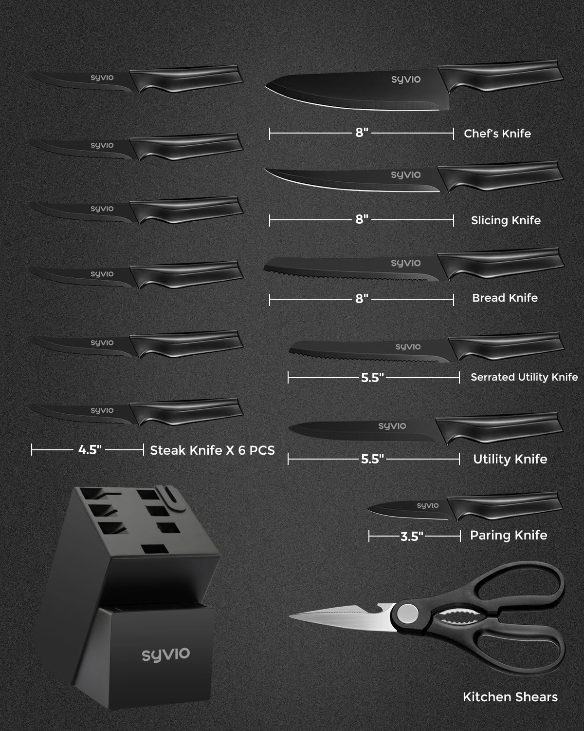 Utility Knife Set 15pcs Knife Sets for Kitchen with Block Sharpener