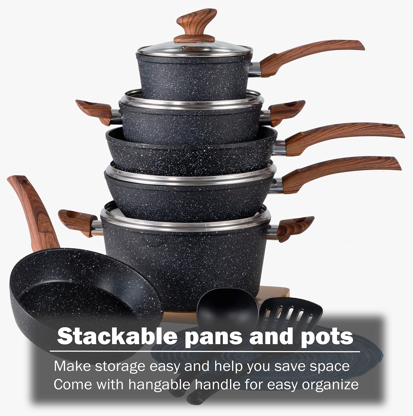 Induction Cookware Sets - 12 Piece Cooking Pan Set Granite Black Nonstick Pots and Pans Set